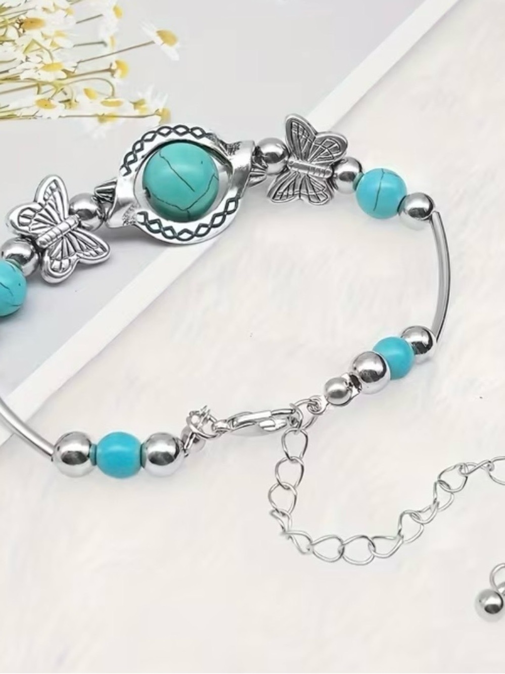 Turquoise Butterfly Silver Beaded Women’s Bracelet